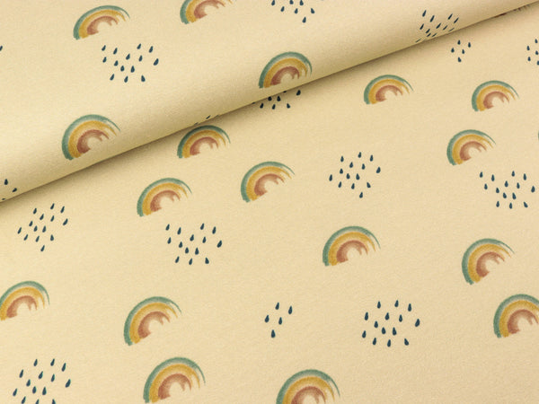 French Terry Hedda Regenbogen und Tropfen bunt auf Hellbeige