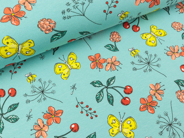 Baumwolljersey Fruit and Flowers mint