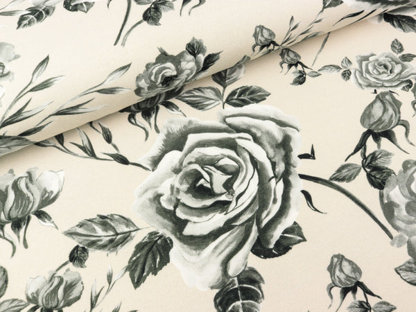 Reststück 60cm - Baumwollsweat Basel Rosenmuster grau-schwarz auf Hellbeige