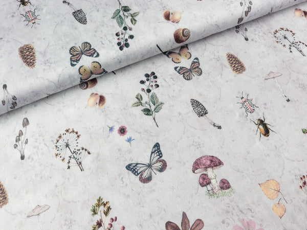 Viskosesatin Ellen Im Wald bunt auf Silbergrau