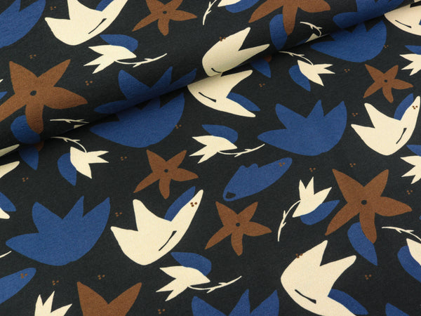 Reststück 25cm - Baumwolljersey Free Fallin Cozy Buntes Blumenmuster auf Tiefblau by brinarina