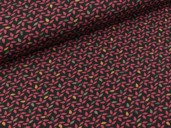 Reststück 10cm - Steinbeck Baumwolljersey Woody Kleine Blätter bunt auf Anthrazit