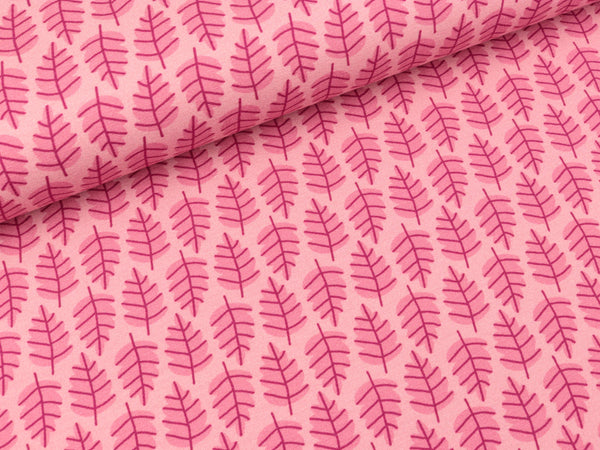 Reststück 34cm - Steinbeck Baumwolljersey Woody Bunte Blätter auf Rosa