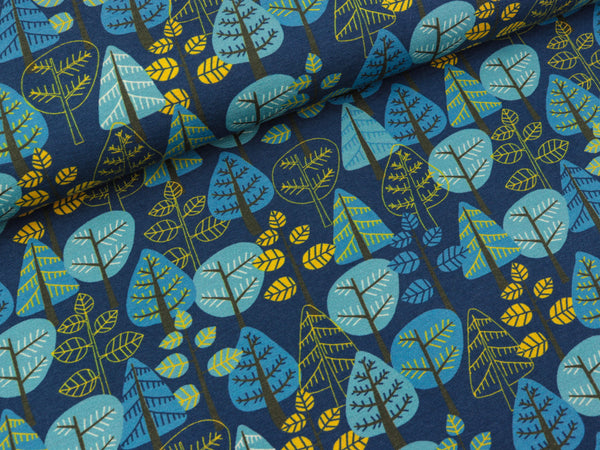 Reststück 31cm - Steinbeck Baumwolljersey Woody Bunter Herbstwald auf Dunkelblau