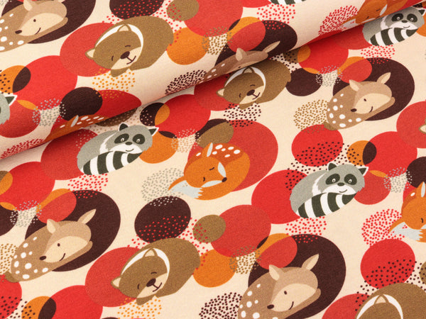 Reststück 21cm - Steinbeck Baumwolljersey Woody Kuschelzeit der Waldtiere auf Creme