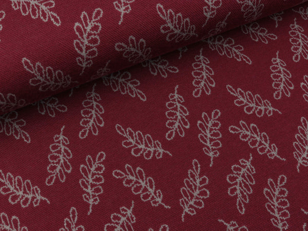 Reststück 40cm - Jacquard Jersey Cozy Zweige grau auf Bordeaux by Lycklig Design