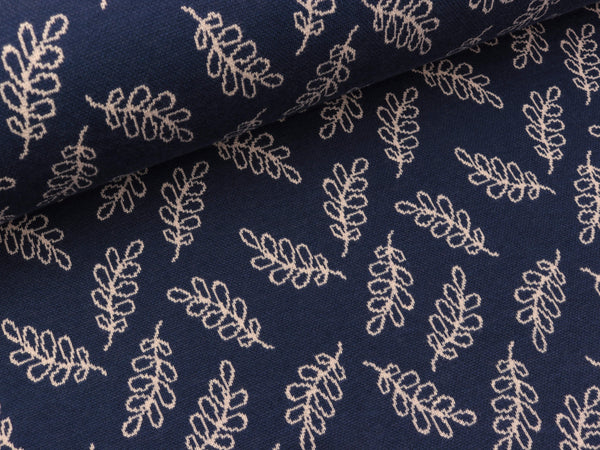 Reststück 42cm - Jacquard Jersey Cozy Zweige creme auf Tiefblau by Lycklig Design