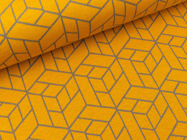 Reststück 37cm - Jacquard Jersey Cozy Geometrik grau auf Goldgelb by Lycklig Design