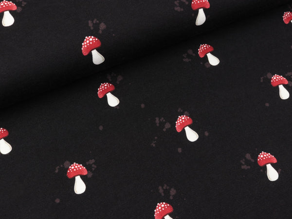 Reststück 45cm - Baumwolljersey My little Foxy Fliegenpilze auf Tiefbraun by Christiane Zielinski