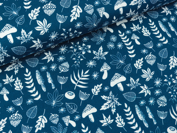 Reststück 32cm - Baumwolljersey My little Foxy Schätze des Waldes weiß auf Dunkelblau by Christiane Zielinski