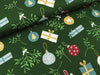Baumwolljersey Feliz Navidad Geschenke, Weihnachtskugeln und Mistelzweige auf Dunkelgrün