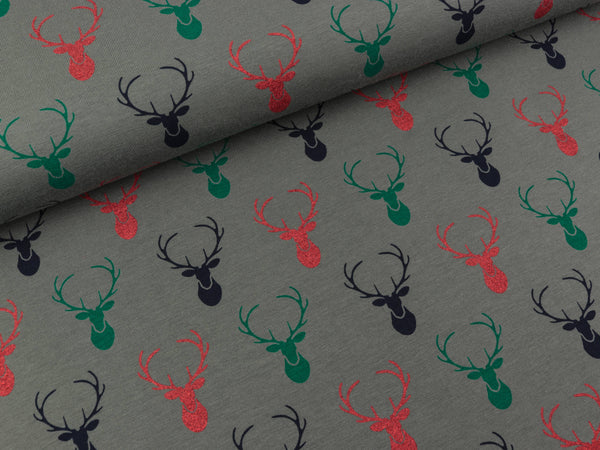 Baumwolljersey Glitter Christmas Hirsche bunt auf Grau