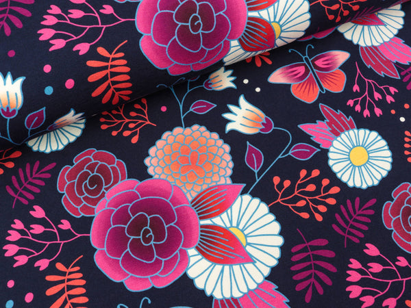 Reststück 14cm - Hamburger Liebe Baumwolljersey Sweet Home Gardener's Delight blue navy-bunt