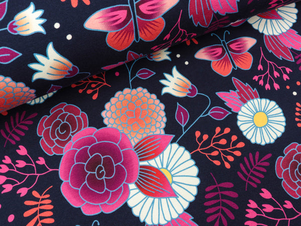 Reststück 46cm - Hamburger Liebe Baumwollsweat Sweet Home Gardener's Delight blue navy-bunt