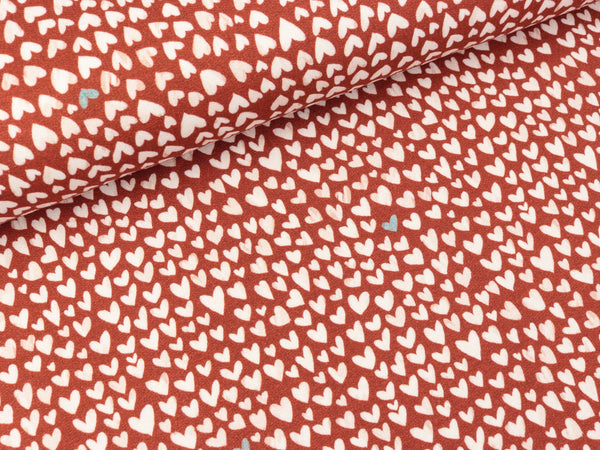 French Terry Mini Forest Kleine Herzen weiß auf Rost