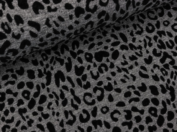Heavy Jacquard Jersey Flock Leoprint schwarz auf grau meliert