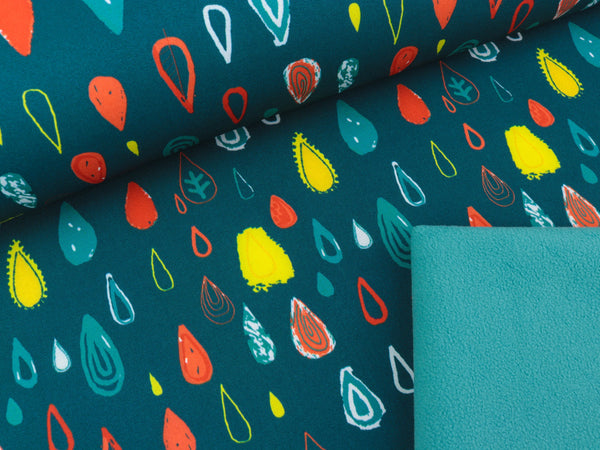 Reststück 12cm - Softshell Print Raindrops bunt auf Petrol