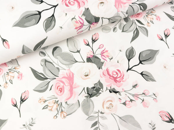 Reststück 84cm - Baumwolljersey Theo Großes Rosenmuster auf Weiß