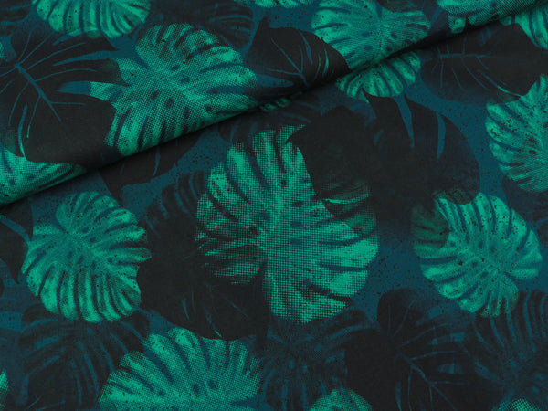 Reststück 43cm - Baumwoll Voile Urban Network Monsterablätter auf Petrol by Thorsten Berger