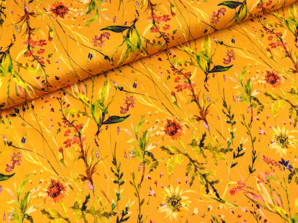 Viskosestoff Frieda Zartes Blumenmuster auf Goldgelb