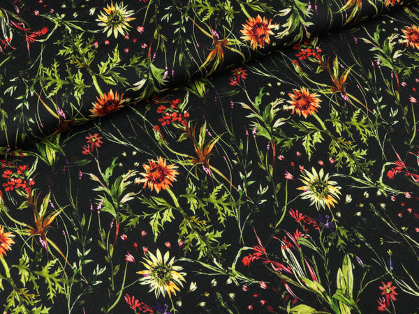 Viskosestoff Frieda Zartes Blumenmuster auf Schwarz