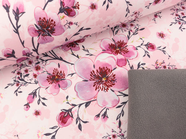 Reststück 23cm - Softshell Fiete Kirschblüten auf Hellrosa