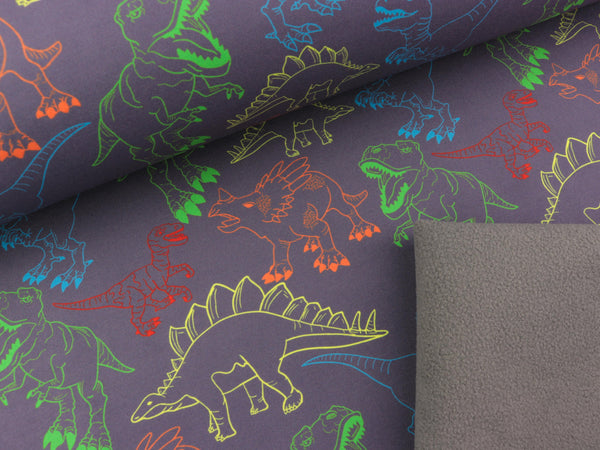 Reststück 34cm - Softshell Fiete Bunte Dinosaurier auf Dunkelgrau