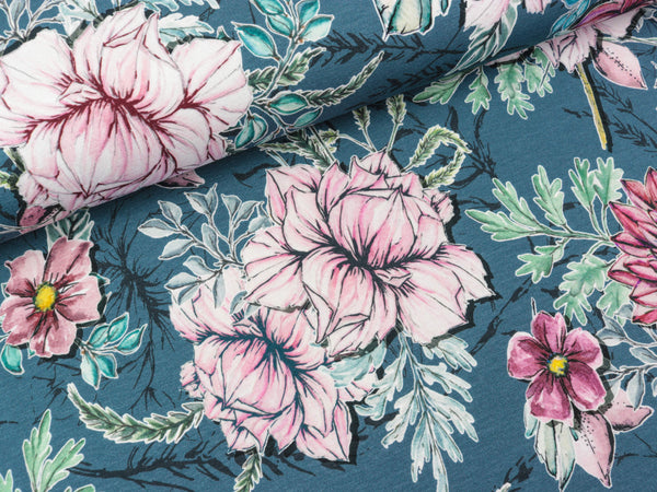 Reststück 33cm - Baumwolljersey My Watercolor Garden jeansblau by Lila-Lotta