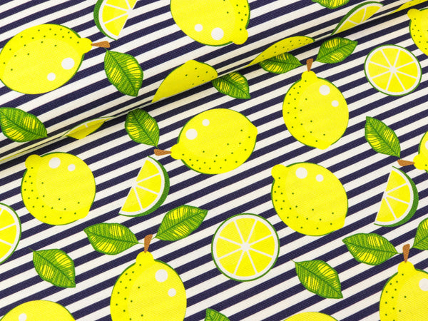 Baumwollcanvas Happy Zitronen auf dunkelblau-weiß gestreift