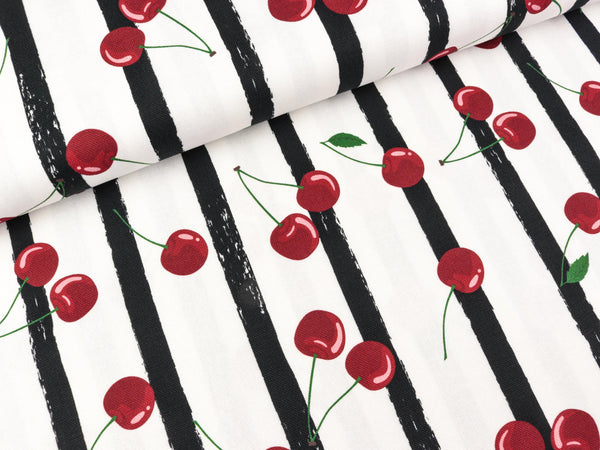 Baumwollcanvas Happy Kirschen auf schwarz-weiß gestreift