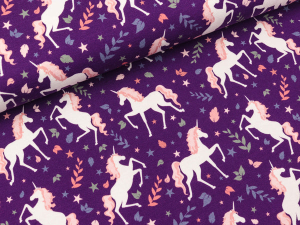 Baumwolljersey Klaas Einhörner auf Lila