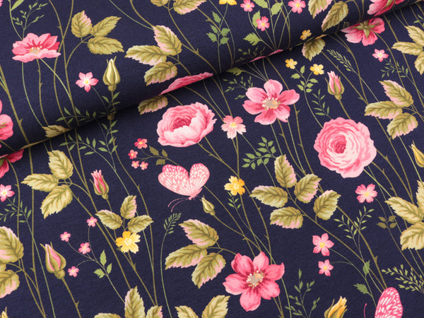 Reststück 24cm - Baumwolljersey Henry Sommerblumenwiese bunt Dunkelblau