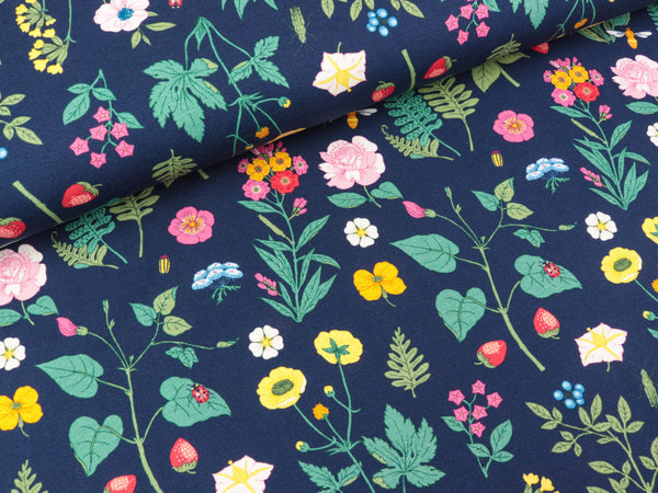 Baumwolljersey Vintage Botanical Bunte Blumenwiese auf Dunkelblau