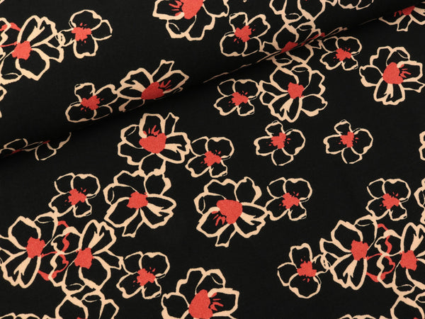 Stretch Viskose Popelin Blumen bunt auf Schwarz