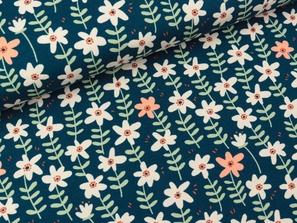 Baumwolljersey Summer Afternoon Bunte Blumen auf Petrol