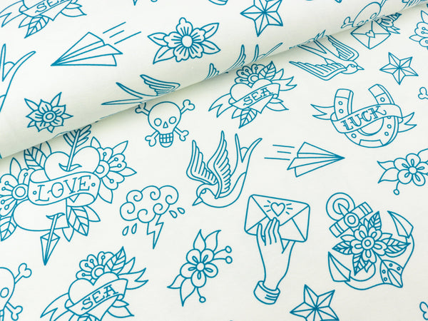 Reststück 43cm - Hamburger Liebe Baumwolljersey Ahoy Sailor Simple meringa-petrol