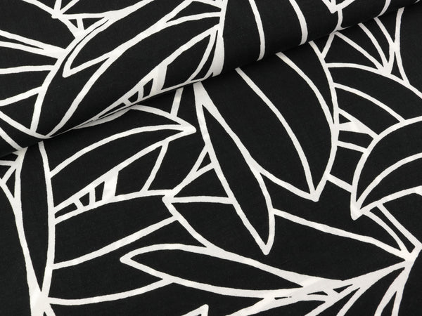 Viskosesatin Großes Blättermuster weiß auf Schwarz