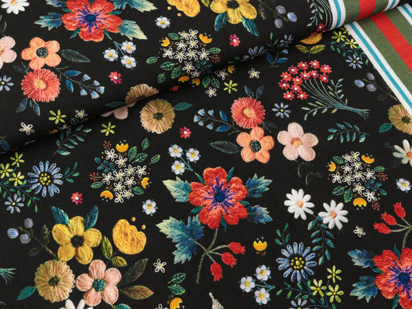 Viskosestoff Christin Blumenmuster bunt auf Schwarz