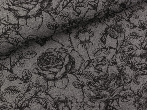 Reststück 12cm - Melange Sweat Mareike Rosenmuster auf dunkelgrau melange
