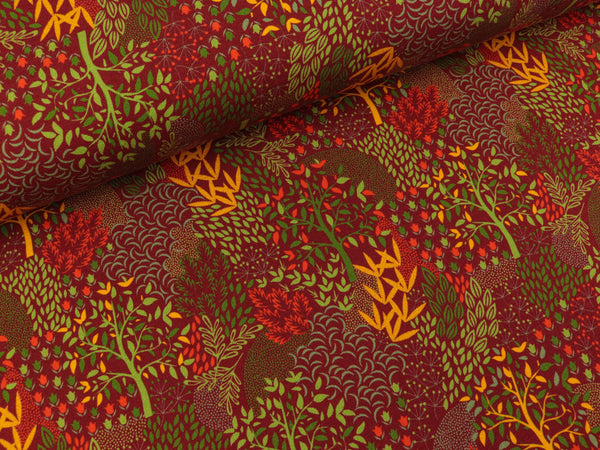 Reststück 93cm - Modalsweat Kea Zauberhafter Herbstwald auf Burgundy