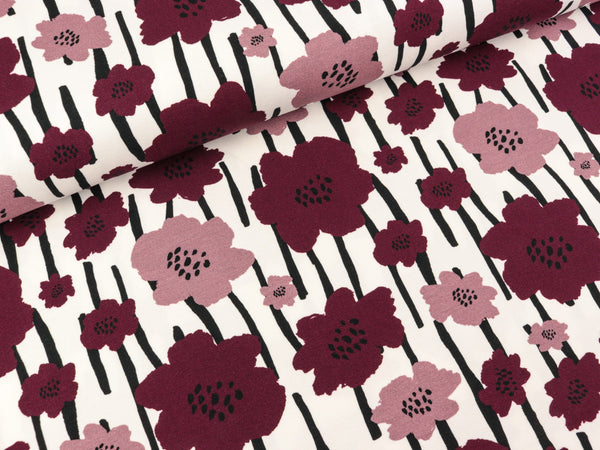 Reststück 62cm - Baumwolljersey Johanna Blumen und Streifen mauve-brombeere-schwarz auf Weiß