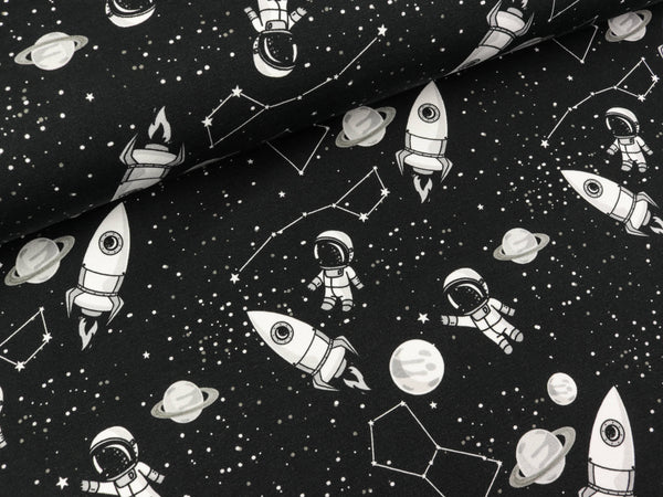 Reststück 34cm - French Terry Levi To the Moon weiß auf Schwarz