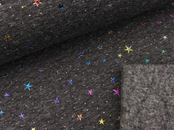 Reststück 38cm - Alpenfleece Estrella Glitzernde Regenbogensterne und Pünktchen auf dunkelgrau meliert
