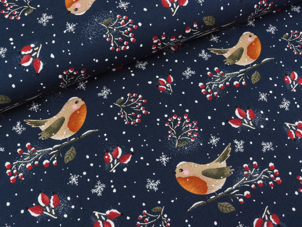 Reststück 19cm - Baumwolljersey Lovely Robin dunkelblau by Christiane Zielinski