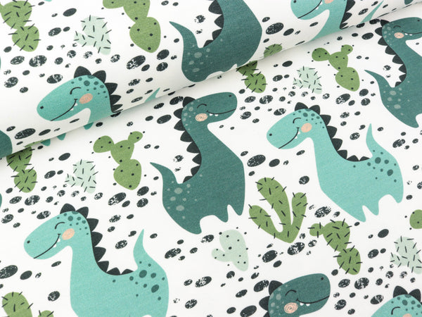 Reststück 45cm - Baumwollsweat Basel Lustige Dinosaurier auf Weiß