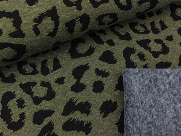 Reststück 25cm - Alpenfleece Eiger Leomuster schwarz auf khaki meliert