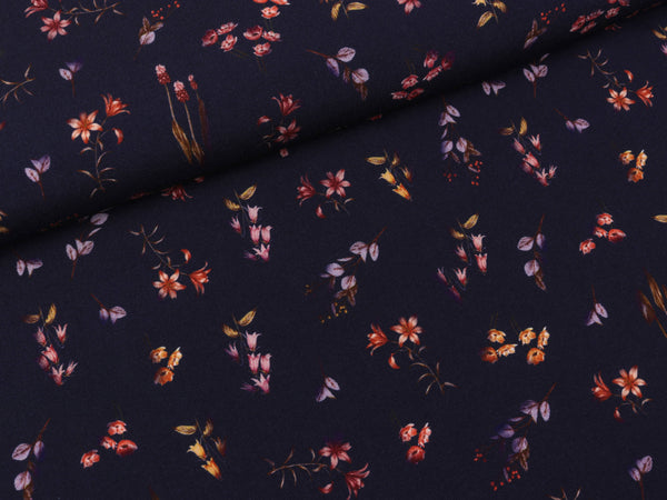 Viskose Webware Fleur Streublümchen bunt auf Nachtblau