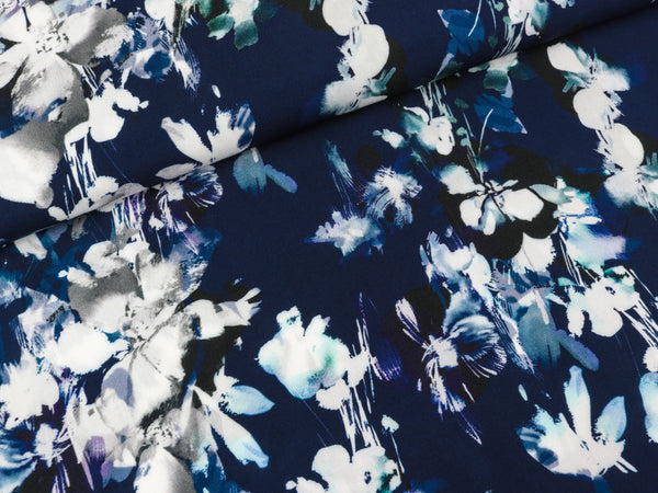 Viskose Webware Fleur Lilien bunt auf Dunkelblau