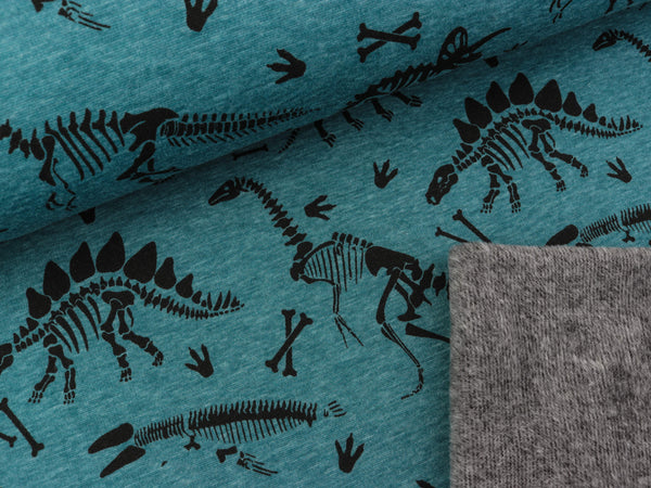 Reststück 77cm - Alpenfleece Eiger Dinofossilien schwarz auf petrol meliert
