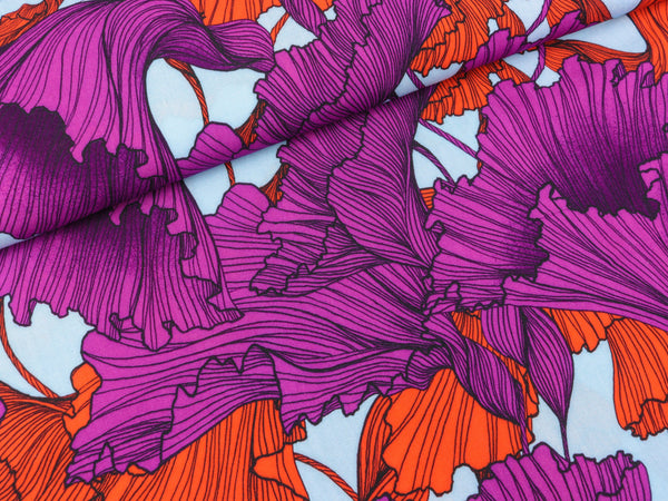 Reststück 29cm - Viskose Webware Seaweed lila-korallrot auf Wasserblau by Thorsten Berger